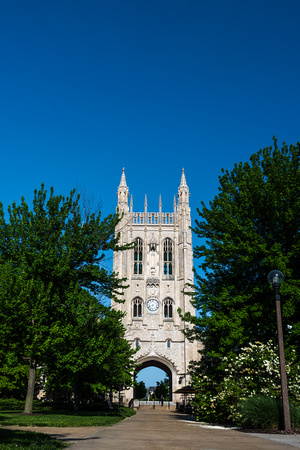 Memorial Union Castle looking tower against a blue sky with green leaves