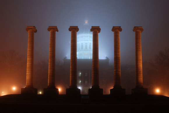 Mizzou Columns Foggy Night Columbia Missouri by Schaefer Photography
