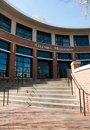 Mizzou Journalism School Buildings with spring flowering trees on University of Missouri Campus