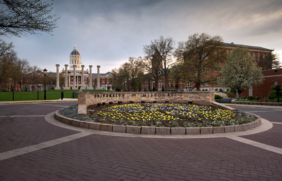 University of Missouri Sign with flowers and francis quadrangle