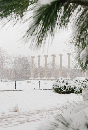 Mizzou columns with snow and evergreen trees