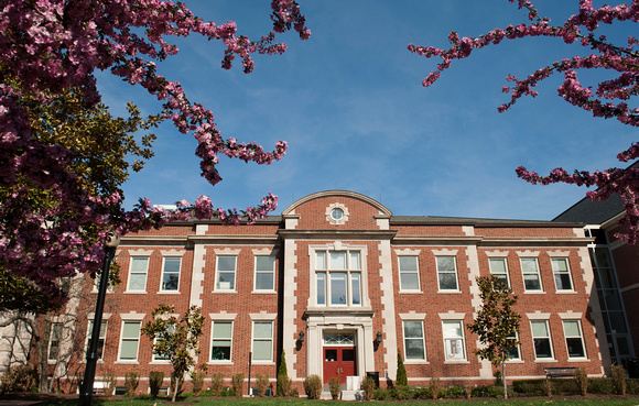 Walter Williams Hall with red bricks and blue sky surrounded by purple flowering tree