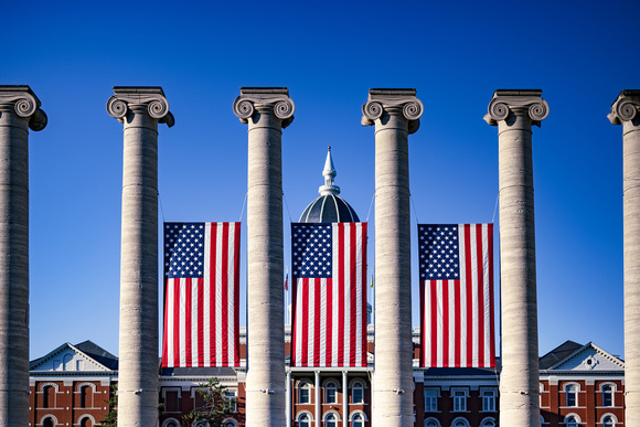 American Flags flying for the 4th of July on the Mizzou Campus in Columbia, Missouri.